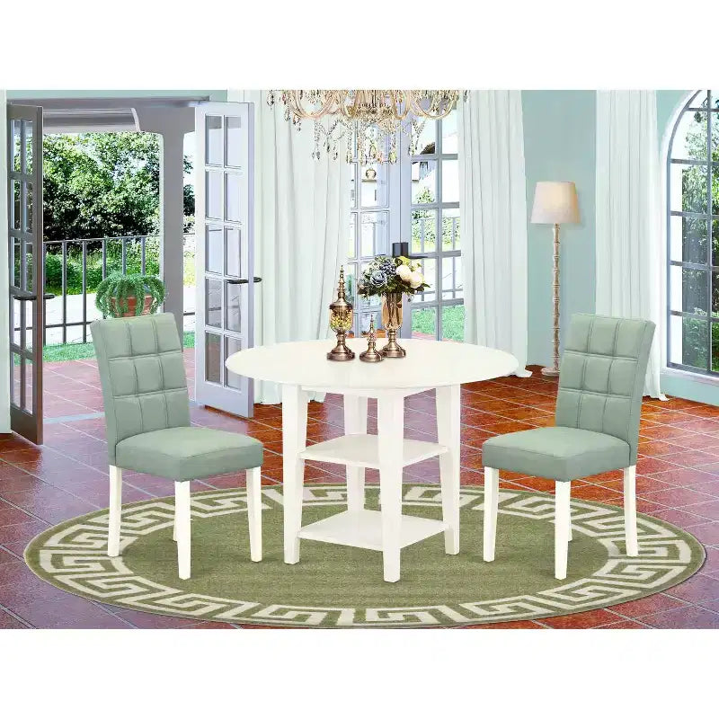 Ensemble de salle à manger 3 pièces HomeStock avec table ronde plateau bois massif finition blanc lin