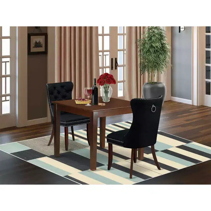 Ensemble de salle à manger 3 pièces HomeStock avec table carrée et dessus en bois massif finition acajou