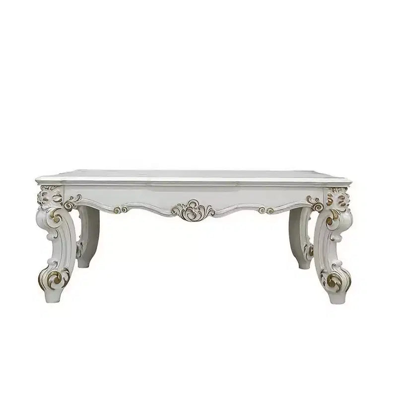 Table basse Royal Hampton de 53 pouces, pieds volutes traditionnels, or brossé, blanc