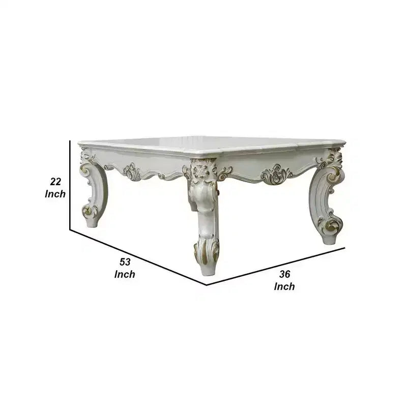 Table basse Royal Hampton de 53 pouces, pieds volutes traditionnels, or brossé, blanc