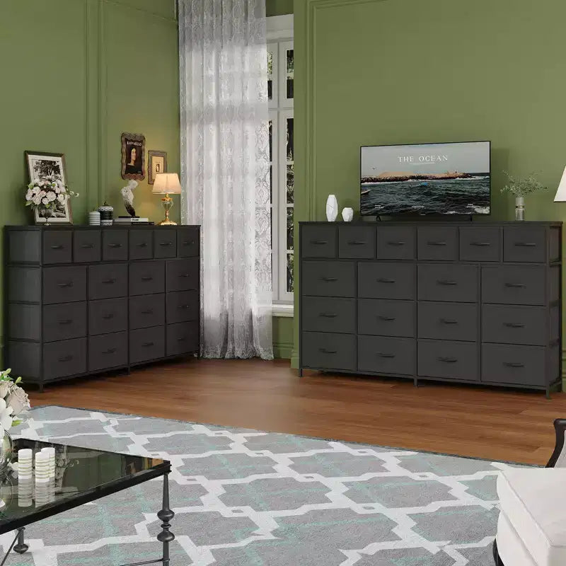 Meuble de rangement avec 18 tiroirs en tissu, doté d'une station de charge et d'un plateau en bois, adapté aux chambres et aux salons.