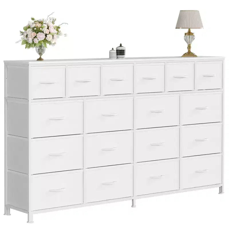 Meuble de rangement avec 18 tiroirs en tissu, doté d'une station de charge et d'un plateau en bois, adapté aux chambres et aux salons.