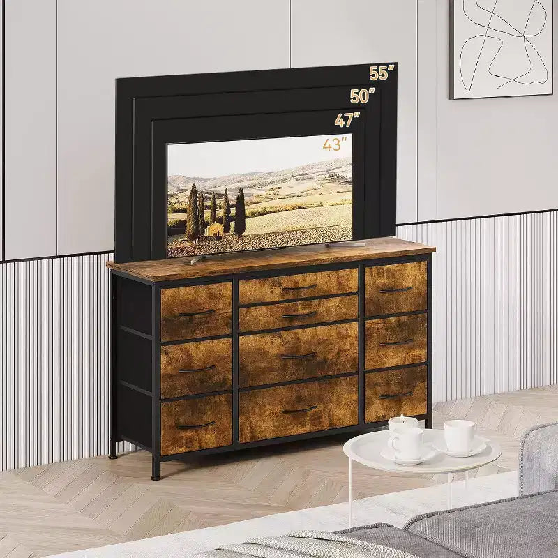 Meuble TV commode 10 tiroirs Acekool avec prise de courant, marron rustique, armoire de rangement large pour chambre à coucher, salon, entrée, table console à plateau en bois