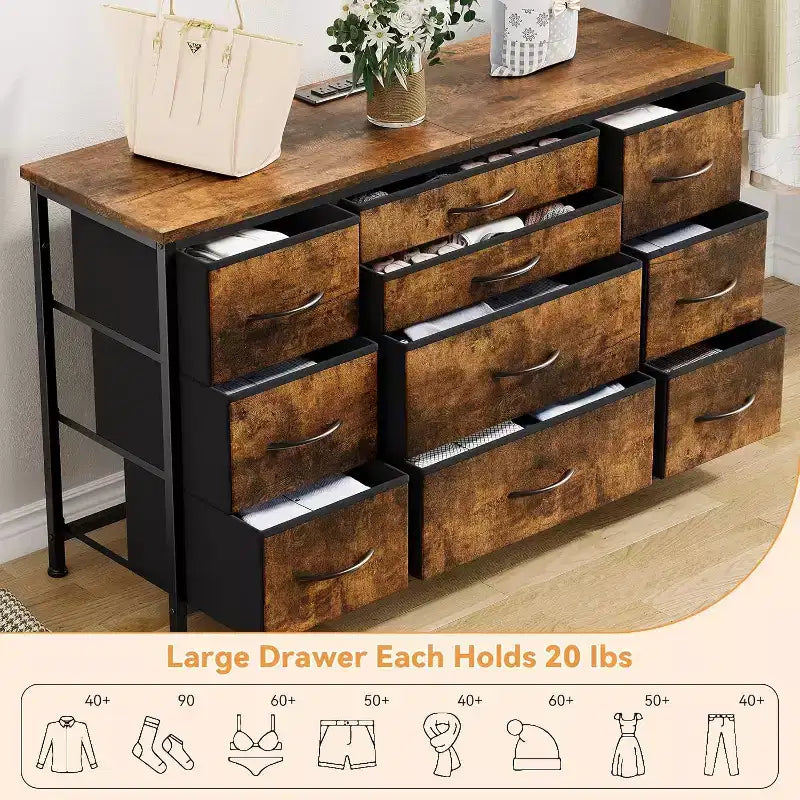 Meuble TV commode 10 tiroirs Acekool avec prise de courant, marron rustique, armoire de rangement large pour chambre à coucher, salon, entrée, table console à plateau en bois