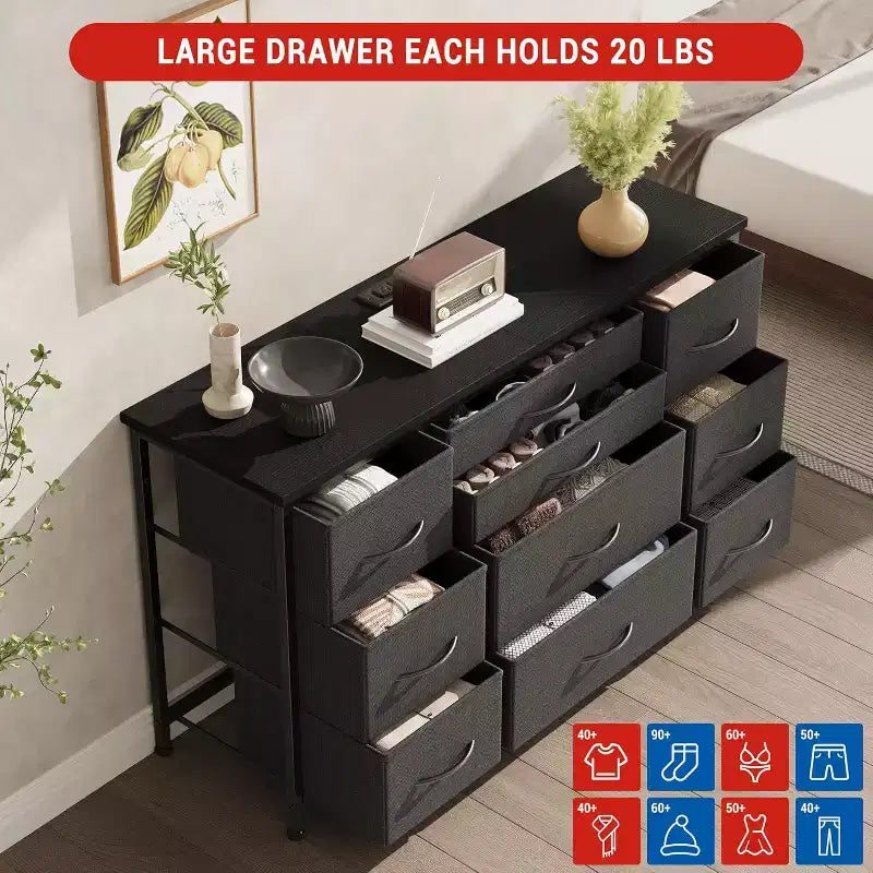 Meuble TV commode 10 tiroirs Acekool avec prise de courant, marron rustique, armoire de rangement large pour chambre à coucher, salon, entrée, table console à plateau en bois