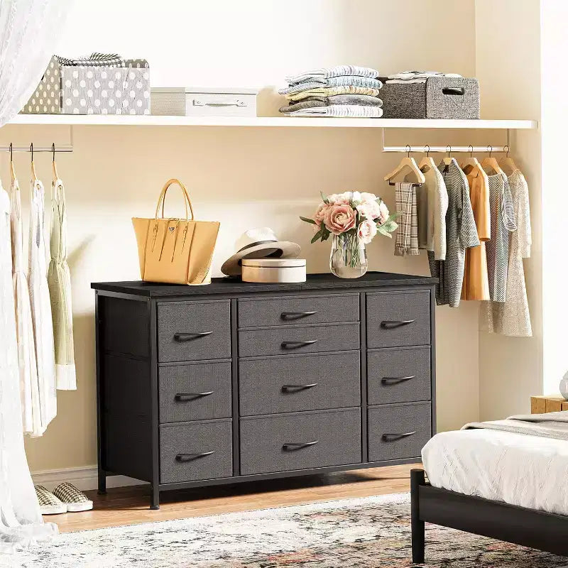 Meuble TV commode 10 tiroirs Acekool avec prise de courant, marron rustique, armoire de rangement large pour chambre à coucher, salon, entrée, table console à plateau en bois