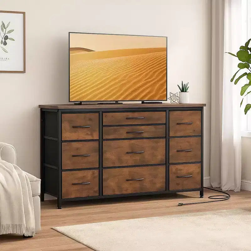 Meuble TV commode 10 tiroirs Acekool avec prise de courant, marron rustique, armoire de rangement large pour chambre à coucher, salon, entrée, table console à plateau en bois
