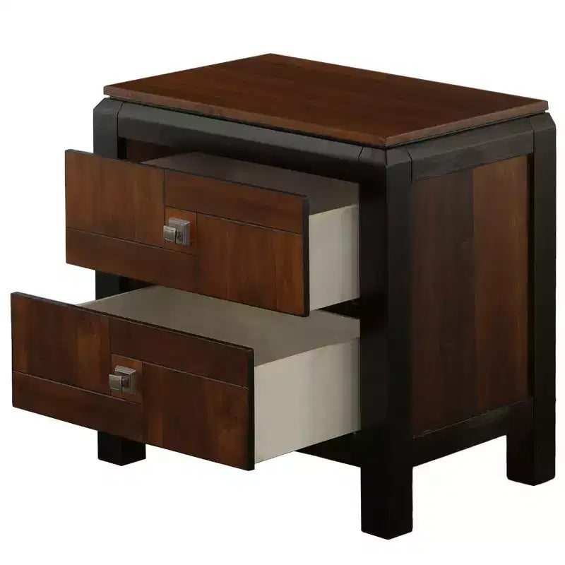 Table de chevet Royal Hampton 28 po fabriquée à la main, 2 tiroirs, motif de bois élégant, poignées carrées, brun noyer