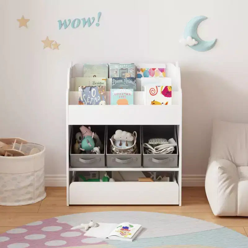 Kids Bookshelf with 3 Fabric Storage Bins&Drawer, Toy Organizer for Toddlers, Bookcase Book Rack, White - ModernLuxe