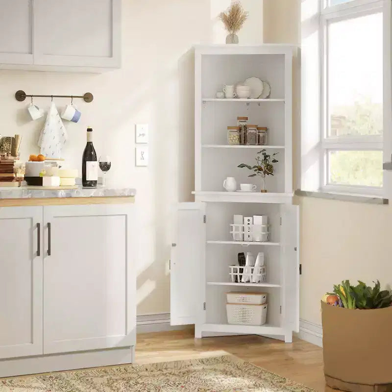 Armoire d'angle blanche – Meuble de rangement haut peu encombrant avec 2 portes coulissantes et étagères réglables – Idéal pour l'organisation de la cuisine