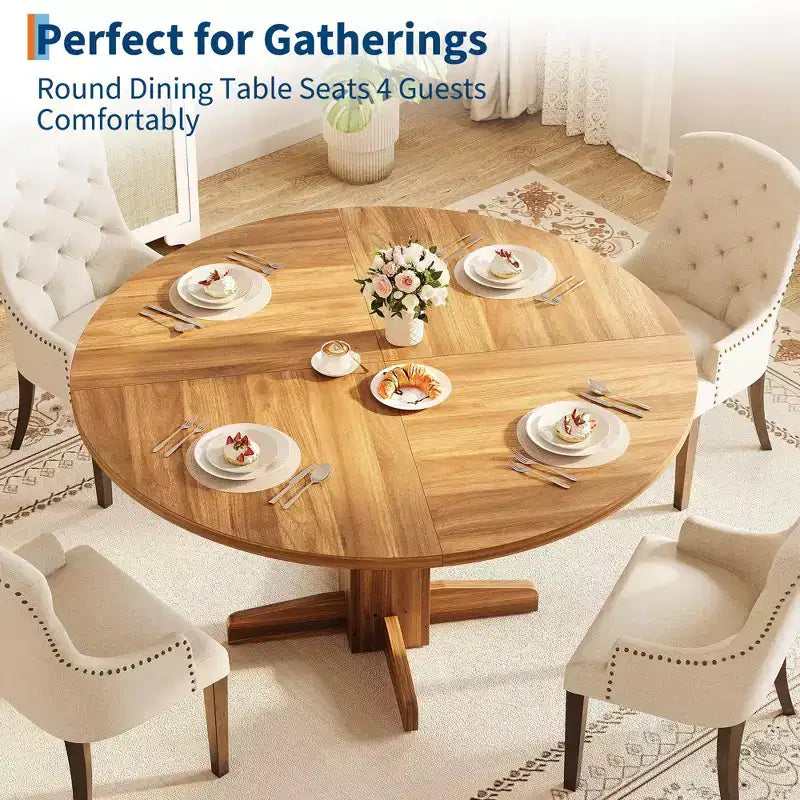 Table à manger ronde CuisinSmart pour 4 personnes, table à manger ronde de 119 cm, table de cuisine ronde de style ferme pour salle à manger et salon (table uniquement)