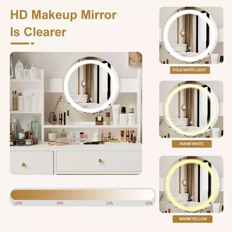 Homy Casa Coiffeuse avec Miroir Éclairé, Éclairage LED Réglable, Blanc