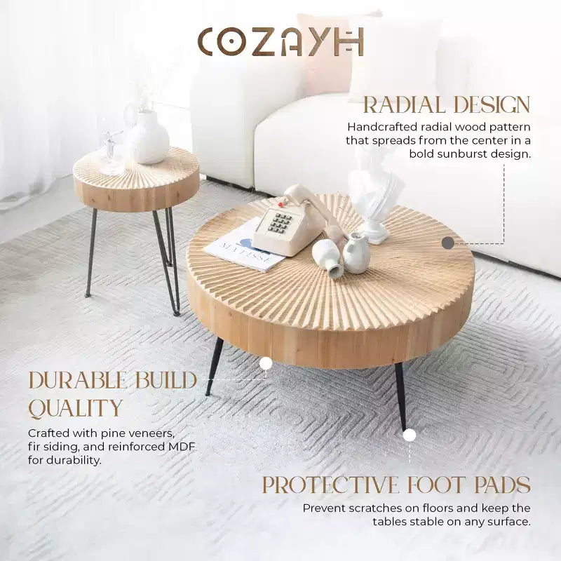 COZAYH Tables basses rondes, 2 pièces, meubles de salon en bois, radial, lot de 2