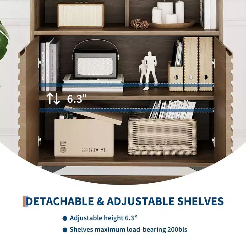 Bahut cannelé avec étagères réglables, buffet de rangement moderne pour cuisine, salon, salle à manger ou entrée