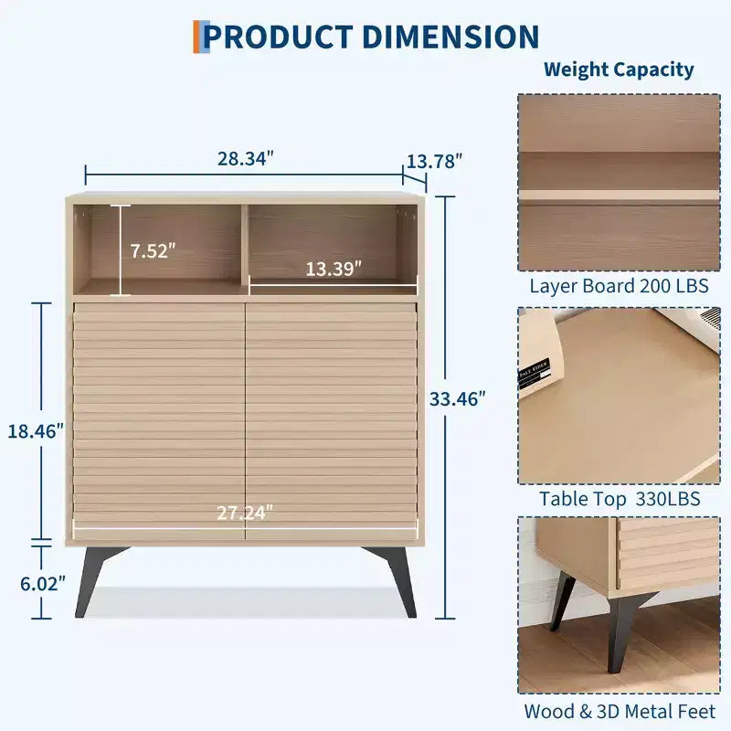 Bahut cannelé avec étagères réglables, buffet de rangement moderne pour cuisine, salon, salle à manger ou entrée
