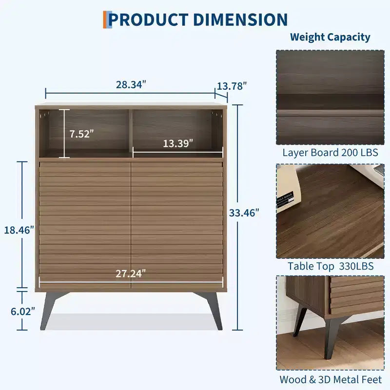 Bahut cannelé avec étagères réglables, buffet de rangement moderne pour cuisine, salon, salle à manger ou entrée