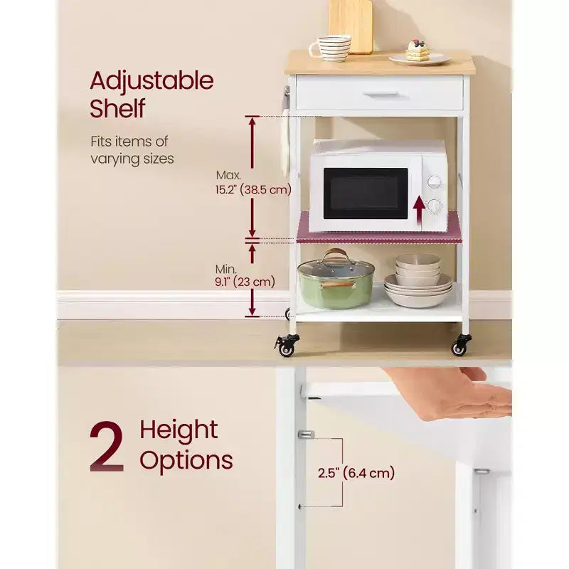 Desserte de cuisine roulante, îlot de cuisine mobile de 90 cm avec tiroir, étagère réglable, 4 roulettes verrouillables, capacité de 116 kg, Chêne beige et blanc