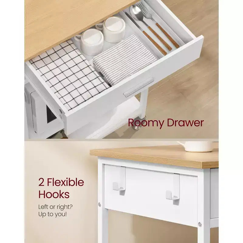 Desserte de cuisine roulante, îlot de cuisine mobile de 90 cm avec tiroir, étagère réglable, 4 roulettes verrouillables, capacité de 116 kg, Chêne beige et blanc