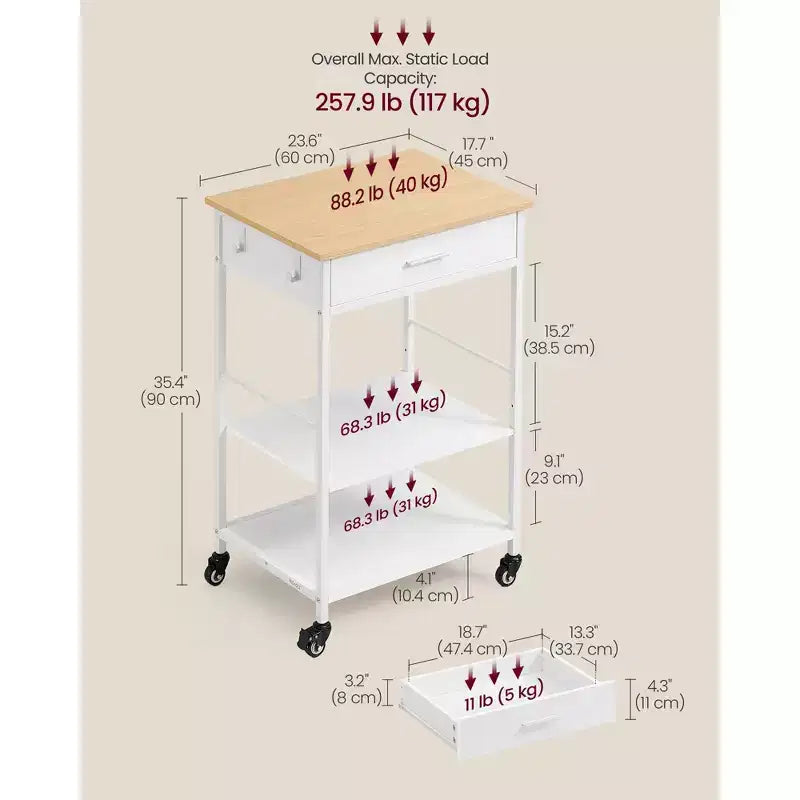 Desserte de cuisine roulante, îlot de cuisine mobile de 90 cm avec tiroir, étagère réglable, 4 roulettes verrouillables, capacité de 116 kg, Chêne beige et blanc