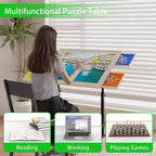 Table de puzzle en bois JVNOXK avec tiroirs, table de puzzle réglable, table de puzzle inclinable à 360° avec pieds et roulettes, réglable en hauteur et en inclinaison