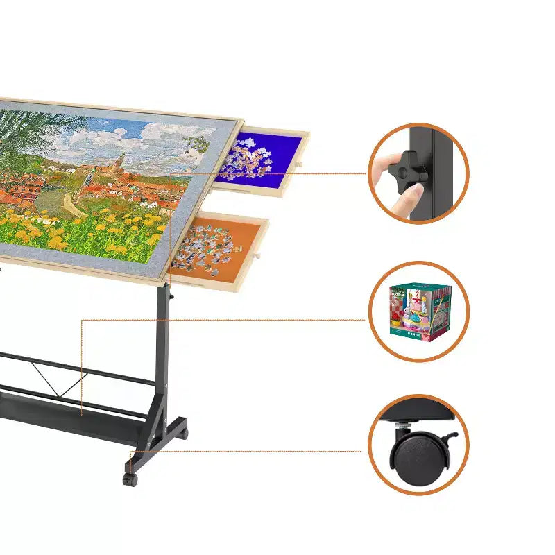 Table de puzzle en bois JVNOXK avec tiroirs, table de puzzle réglable, table de puzzle inclinable à 360° avec pieds et roulettes, réglable en hauteur et en inclinaison