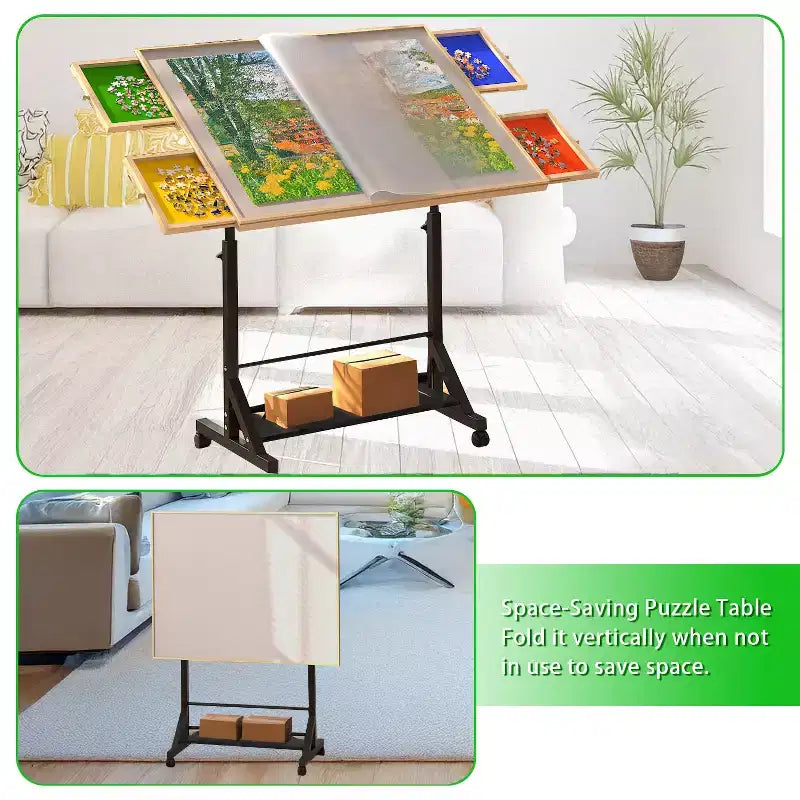 Table de puzzle en bois JVNOXK avec tiroirs, table de puzzle réglable, table de puzzle inclinable à 360° avec pieds et roulettes, réglable en hauteur et en inclinaison