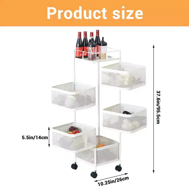 Étagère de rangement de cuisine rotative à 5 niveaux, Chariot de cuisine en maille métallique avec couvercle supérieur, Chariot de rangement à roulettes pour fruits, légumes et provisions