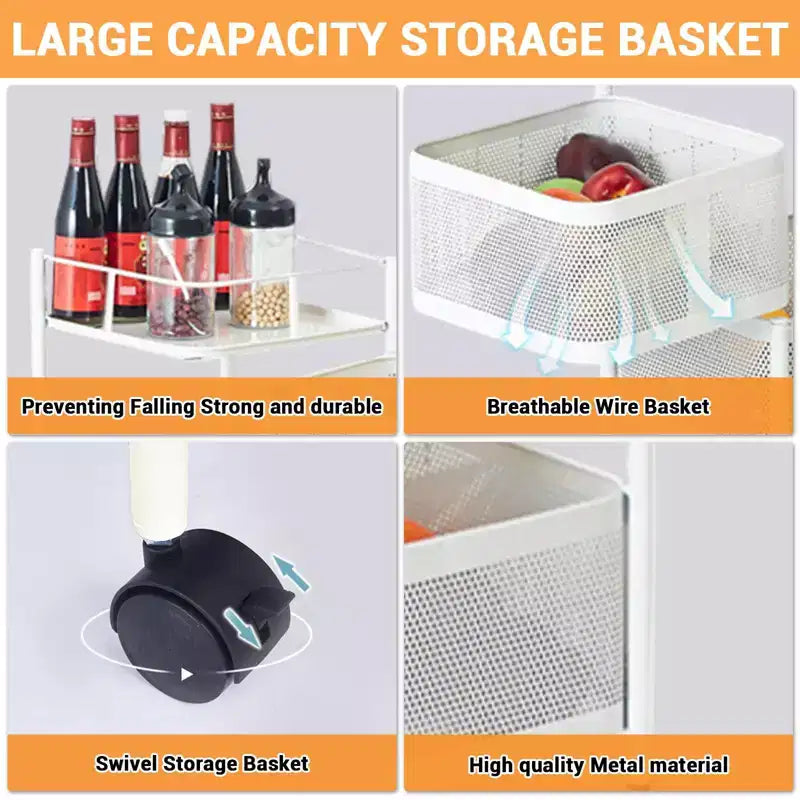 Étagère de rangement de cuisine rotative à 5 niveaux, Chariot de cuisine en maille métallique avec couvercle supérieur, Chariot de rangement à roulettes pour fruits, légumes et provisions