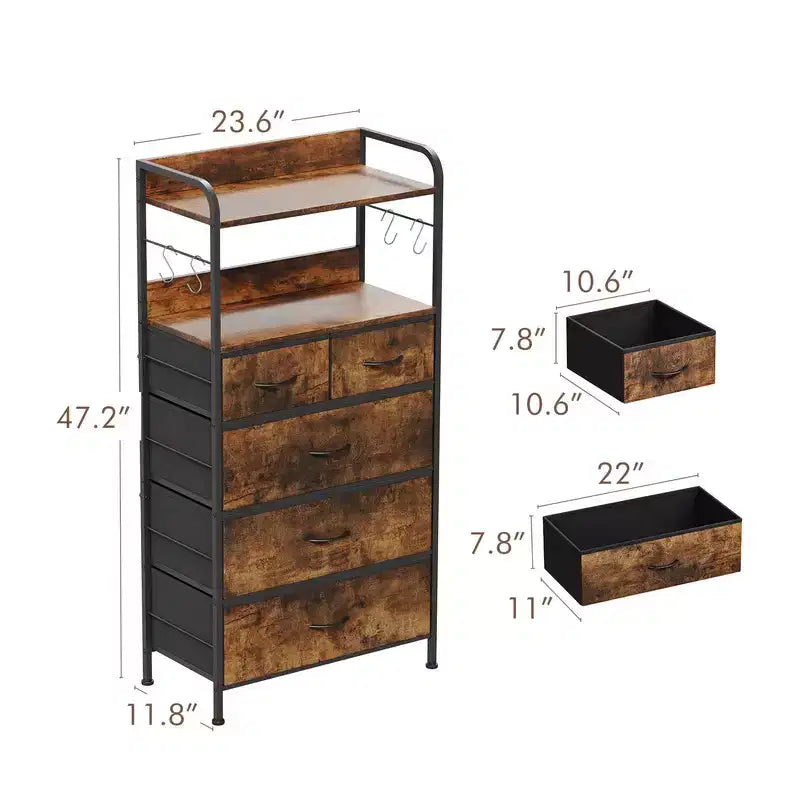 Commode en tissu Slim à 5 tiroirs avec cadre en métal, organisateur de rangement compact avec étagères et crochets