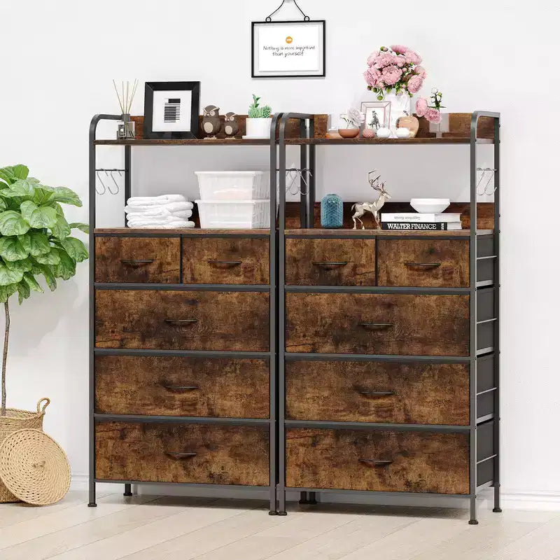 Commode en tissu Slim à 5 tiroirs avec cadre en métal, organisateur de rangement compact avec étagères et crochets