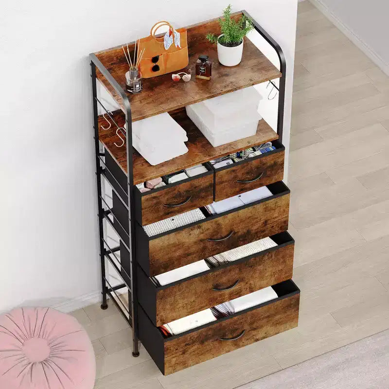 Commode en tissu Slim à 5 tiroirs avec cadre en métal, organisateur de rangement compact avec étagères et crochets
