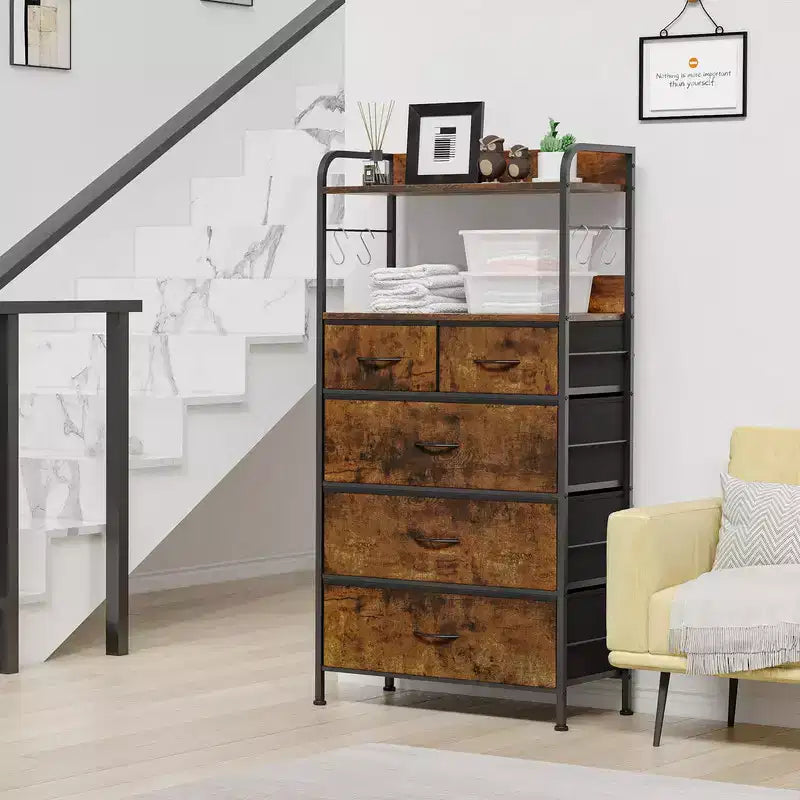 Commode en tissu Slim à 5 tiroirs avec cadre en métal, organisateur de rangement compact avec étagères et crochets