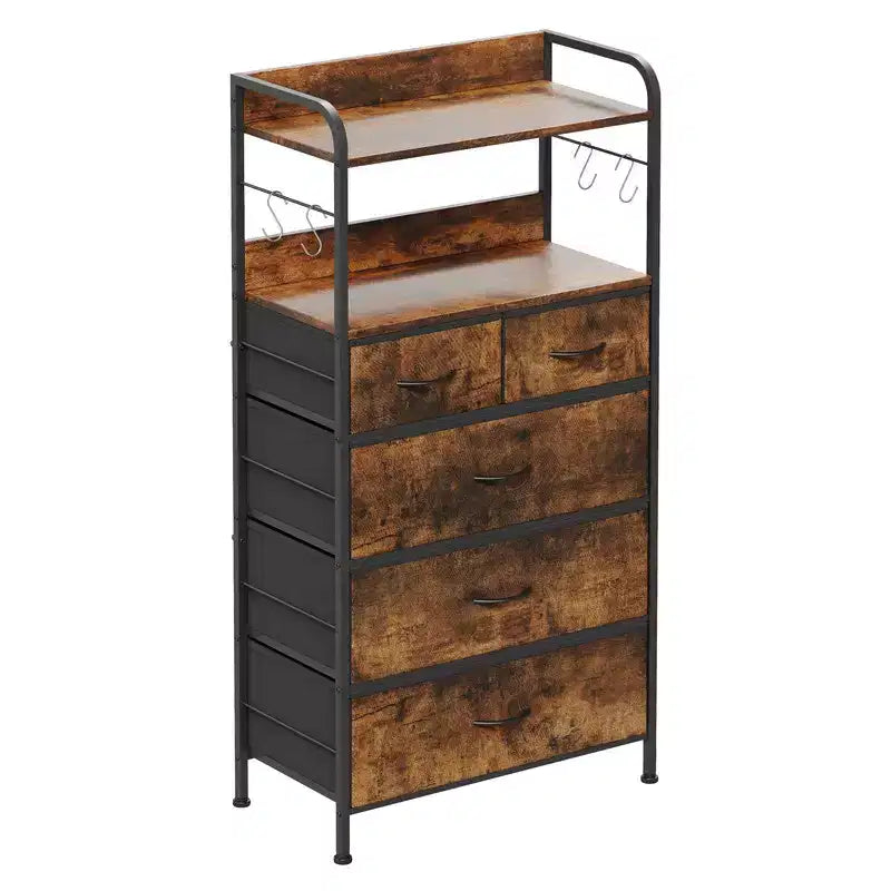 Commode en tissu Slim à 5 tiroirs avec cadre en métal, organisateur de rangement compact avec étagères et crochets