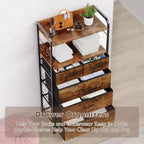 Commode en tissu Slim à 5 tiroirs avec cadre en métal, organisateur de rangement compact avec étagères et crochets