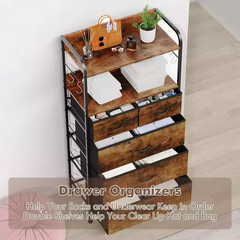 Commode en tissu Slim à 5 tiroirs avec cadre en métal, organisateur de rangement compact avec étagères et crochets