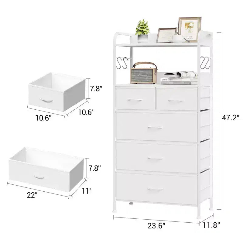Commode en tissu Slim à 5 tiroirs avec cadre en métal, organisateur de rangement compact avec étagères et crochets