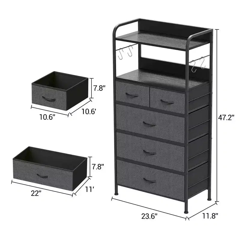 Commode en tissu Slim à 5 tiroirs avec cadre en métal, organisateur de rangement compact avec étagères et crochets
