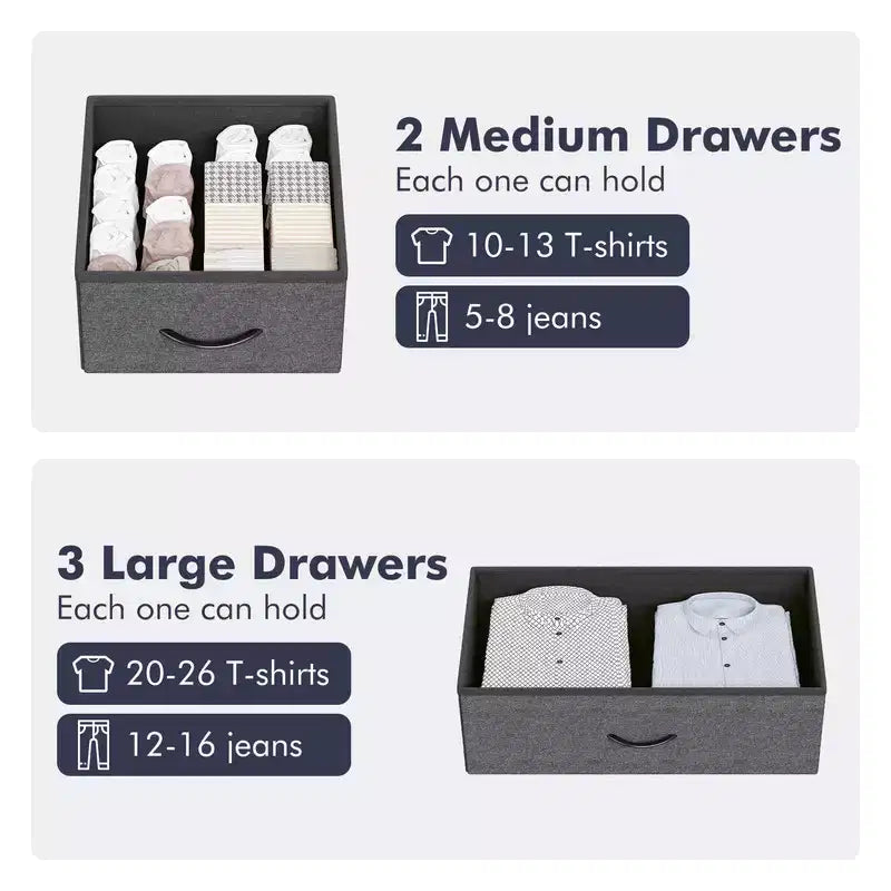 Commode en tissu Slim à 5 tiroirs avec cadre en métal, organisateur de rangement compact avec étagères et crochets