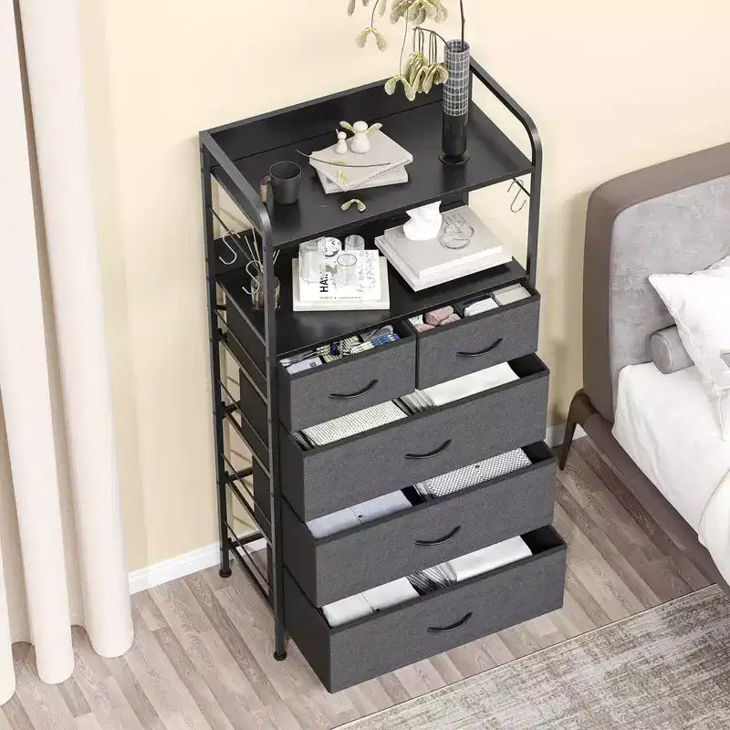 Commode en tissu Slim à 5 tiroirs avec cadre en métal, organisateur de rangement compact avec étagères et crochets