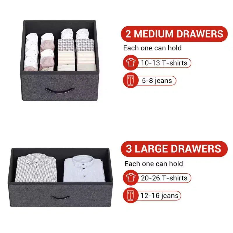 Commode en tissu Slim à 5 tiroirs avec cadre en métal, organisateur de rangement compact avec étagères et crochets
