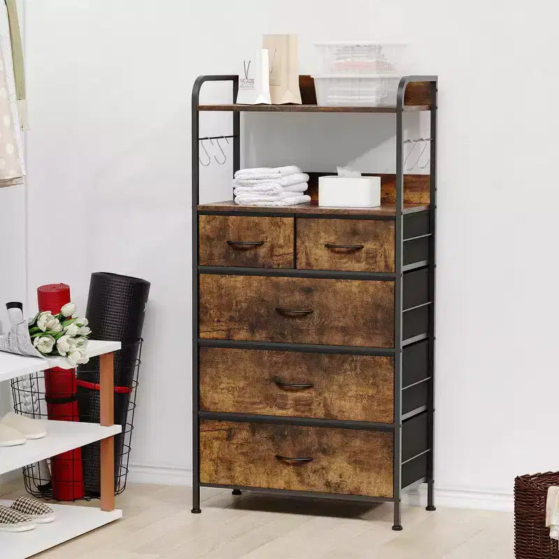 Commode en tissu Slim à 5 tiroirs avec cadre en métal, organisateur de rangement compact avec étagères et crochets