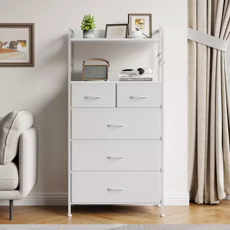 Commode en tissu Slim à 5 tiroirs avec cadre en métal, organisateur de rangement compact avec étagères et crochets