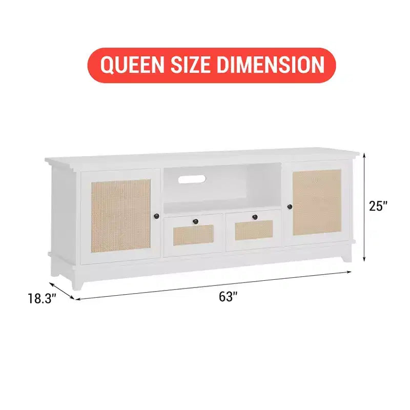 Meuble TV en rotin COZONY, meuble TV bohème pour téléviseur de 65 pouces, console TV avec 2 armoires et étagère réglable, meuble de rangement multimédia moderne
