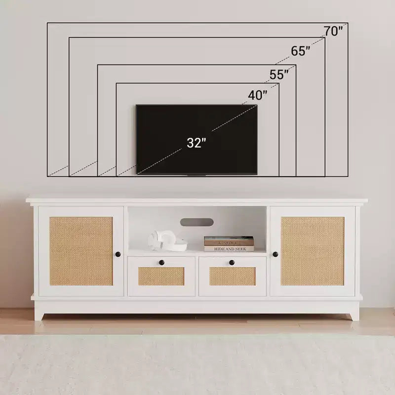 Meuble TV en rotin COZONY, meuble TV bohème pour téléviseur de 65 pouces, console TV avec 2 armoires et étagère réglable, meuble de rangement multimédia moderne