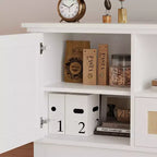 Meuble TV en rotin COZONY, meuble TV bohème pour téléviseur de 65 pouces, console TV avec 2 armoires et étagère réglable, meuble de rangement multimédia moderne
