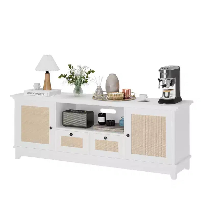 Meuble TV en rotin COZONY, meuble TV bohème pour téléviseur de 65 pouces, console TV avec 2 armoires et étagère réglable, meuble de rangement multimédia moderne