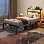 Cadre de lit plateforme enfant double avec tête de lit rembourrée de rangement, lumières LED RGB intégrées, station de recharge, ports USB, pas besoin de sommier tapissier, lit en métal
