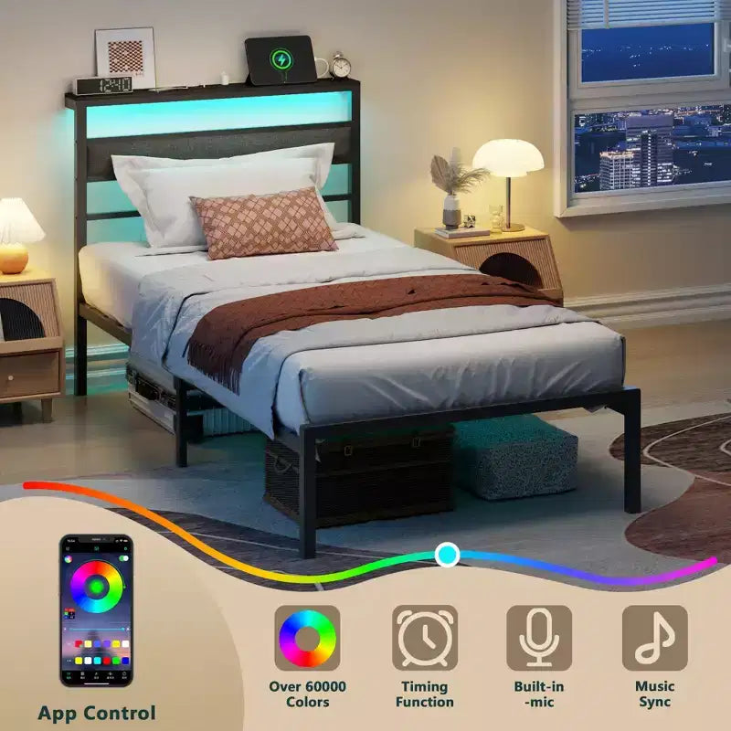 Cadre de lit plateforme enfant double avec tête de lit rembourrée de rangement, lumières LED RGB intégrées, station de recharge, ports USB, pas besoin de sommier tapissier, lit en métal