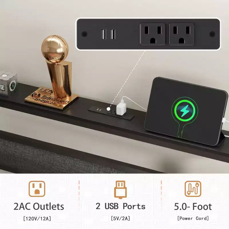 Cadre de lit plateforme enfant double avec tête de lit rembourrée de rangement, lumières LED RGB intégrées, station de recharge, ports USB, pas besoin de sommier tapissier, lit en métal