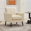 Mid-Century Modern Accent Chair with Wood Legs | Linen Fabric Upholstered Armchair with Thick Cushion for Living Room, Office & Bedroom